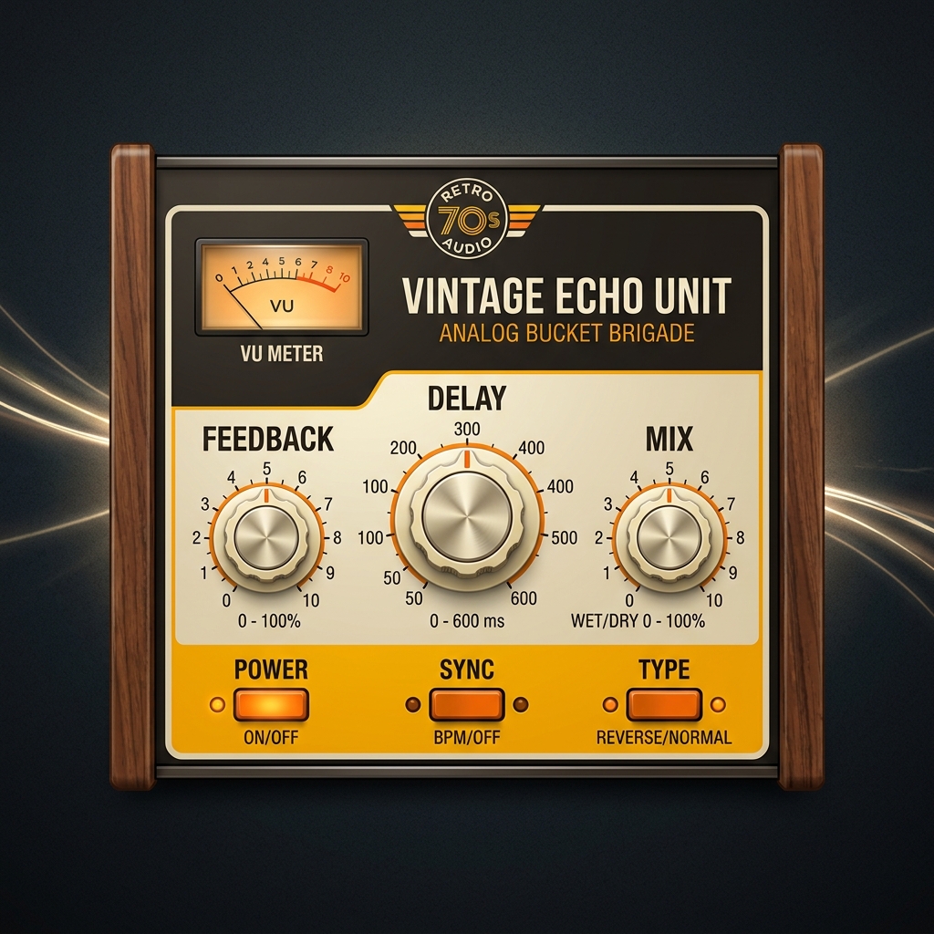 Graphical user interface of the Vintage Echo Unit plugin: Cream faceplate, wood panels, knobs for Feedback, Delay time, Mix, and a retro yellow VU meter